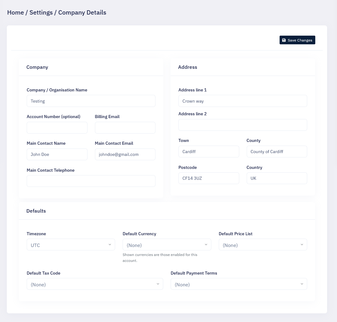 Company details settings screenshot