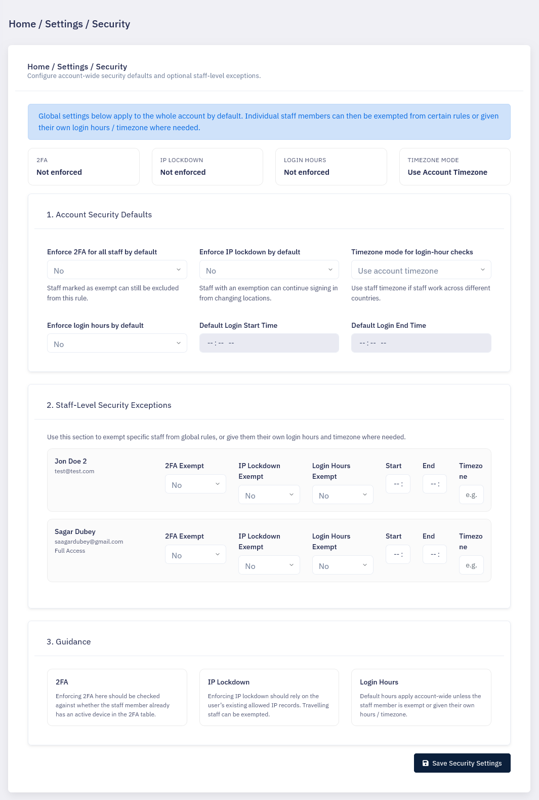 Security settings screenshot