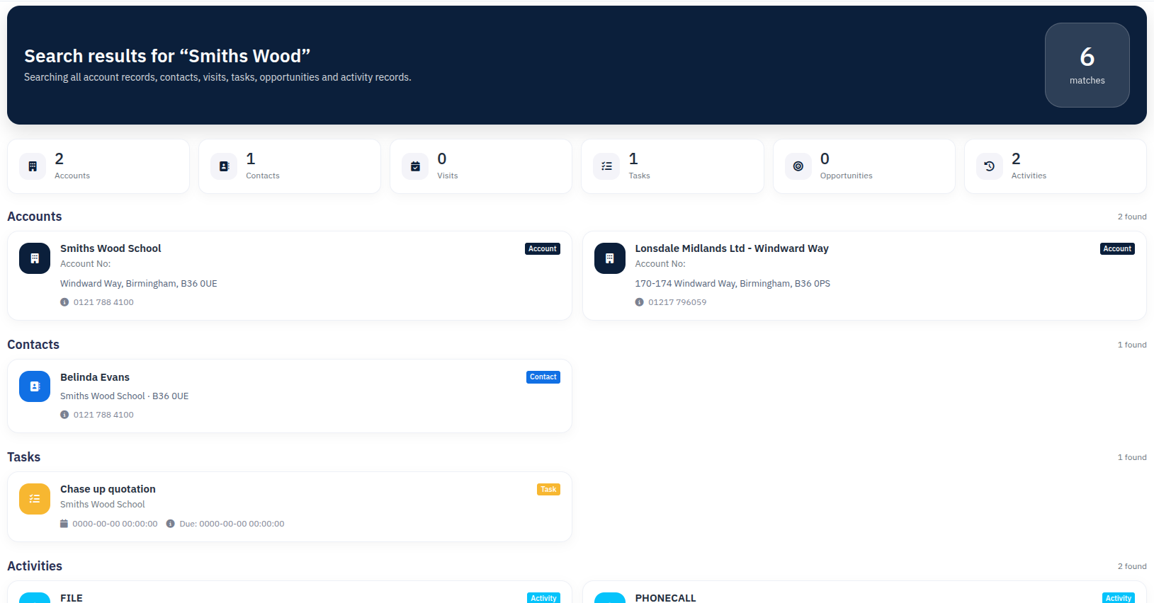 Main CRM search screenshot